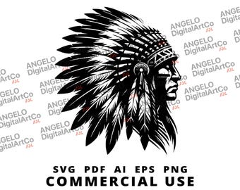 May include: Black and white silhouette of a Native American man wearing a headdress with feathers. The image is a vector illustration and is for commercial use.