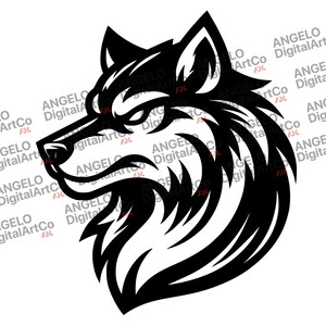 May include: Black and white illustration of a wolf's head in profile. The wolf's fur is stylized with sharp lines and a fierce expression.