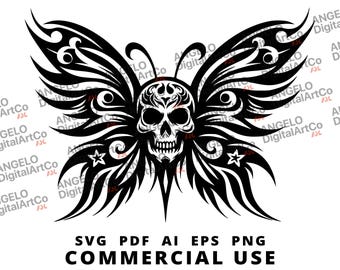 May include: Black and white graphic design of a skull with butterfly wings. The skull has intricate details and the wings are stylized with a tribal design.