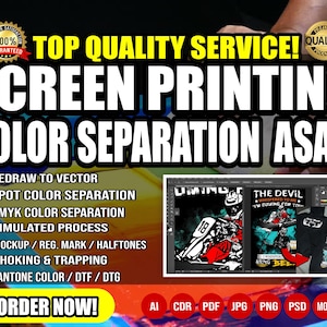 May include: An advertisement for screen printing services. The image features the text "TOP QUALITY SERVICE! SCREEN PRINTING COLOR SEPARATION ASAP" in bold white letters. Additional text lists services like "REDRAW TO VECTOR" and "SPOT COLOR SEPARATION". A graphic of a motorcycle racer is also shown.