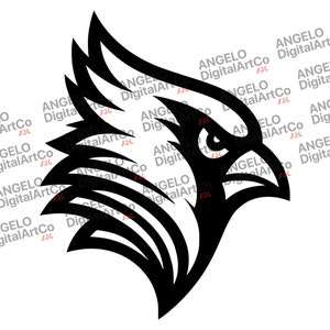 Puede incluir: Silueta en blanco y negro de la cabeza de un cardenal con un pico afilado y detallado y una expresión feroz.