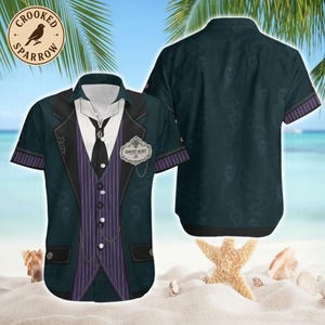 May include: A short-sleeved button-down shirt featuring a dark teal and purple pinstriped vest print over a white shirt design. It includes a black tie, a pocket watch chain graphic, and a badge that reads Ghost Host JS on the chest.