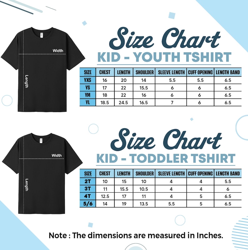 May include: A black t-shirt with a size chart for youth and toddler t-shirts. The chart includes measurements in inches for chest, length, shoulder, sleeve length, cuff opening, and length band. The text at the bottom says, "Note: The dimensions are measured in Inches."