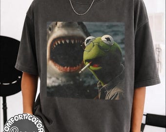 Vintage Dark Humor Shirt, Smoking Frog Meme Tee, Shark Attack Parody T-Shirt, Retro Cinematic Graphic Shirt