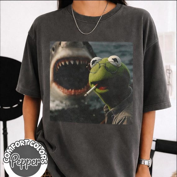 Vintage Dark Humor Shirt, Smoking Frog Meme Tee, Shark Attack Parody T-Shirt, Retro Cinematic Graphic Shirt