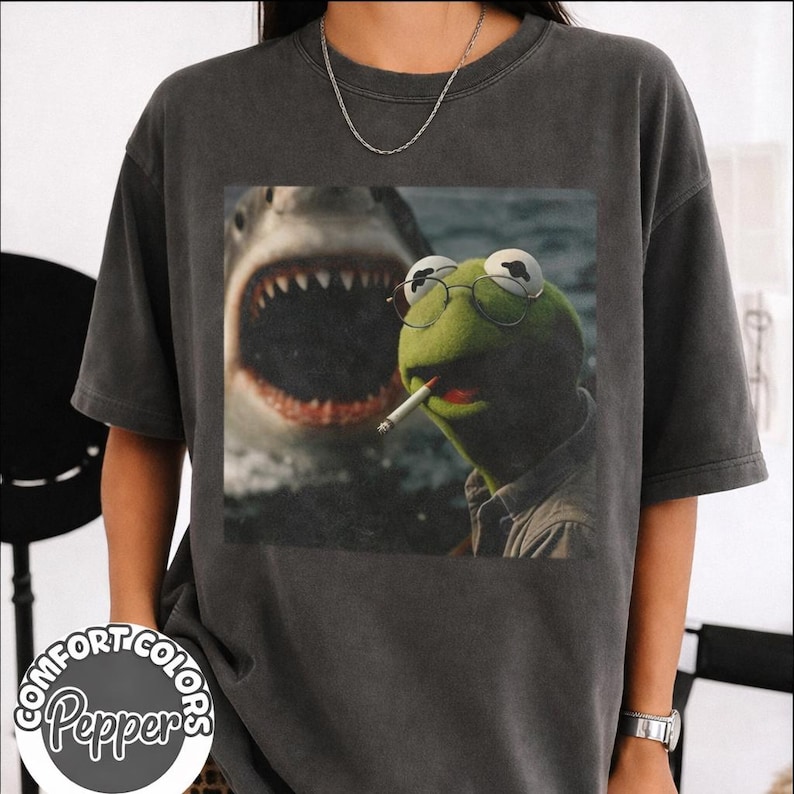 Vintage Dark Humor Shirt, Smoking Frog Meme Tee, Shark Attack Parody T-Shirt, Retro Cinematic Graphic Shirt image 1