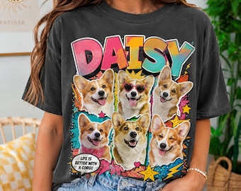 Custom Pet Vintage Bootleg T-Shirt, Retro Personalized Pet Photo + Name Shirt, Custom Dog Portrait Top, Dog Dad Dog Mom Shirt, Pet Keepsake