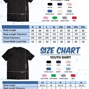 The image is a size chart for a t-shirt, providing measurements for different sizes and color options.