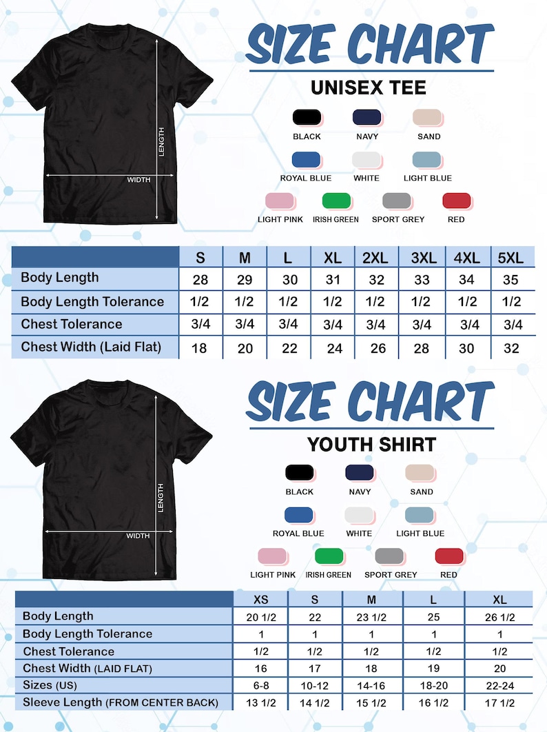 The image is a size chart for a t-shirt, providing measurements for different sizes and color options.