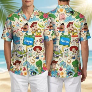 Personalized Toy Story 5 Hawaiian Shirt, Custom Name Woody & Buzz Summer Aloha Tee, Toy Story Button-Up, Family Matching Vacation Gift image 1
