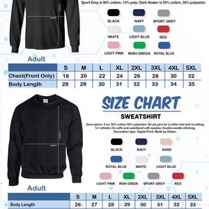 a size chart for a black long sleeve t-shirt, including details for different sizes and color options.