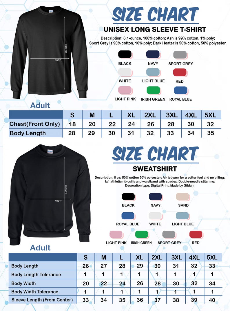 a size chart for a black long sleeve t-shirt, including details for different sizes and color options.