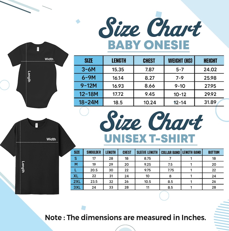 May include: A size chart for baby onesies and unisex t-shirts. The chart includes measurements in inches for length, chest, and height, as well as weight in kilograms. The text on the image says "Note: The dimensions are measured in Inches."