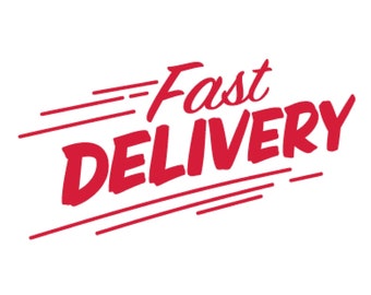 May include: Red and white graphic design with the text "Fast Delivery" in a stylized font. The text is angled and has a motion blur effect, suggesting speed.