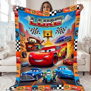 Personalized Cars Blanket, Custom Name Lightning Mcqueen Sally Tow Mater Cars Blanket, Custom Name Cars Characters Birthday Blanket Gifts image 1