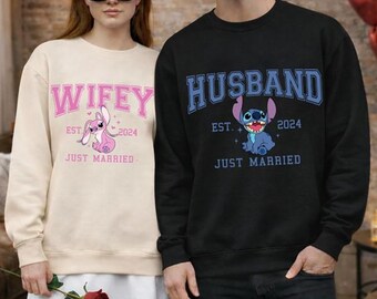 Husband Wifey Stitch And Angel Couple Shirt, Vintage Lilo And Stitch Just Married Couple Tee, Disneyland Matching Tee, Valentine Shirt Gift