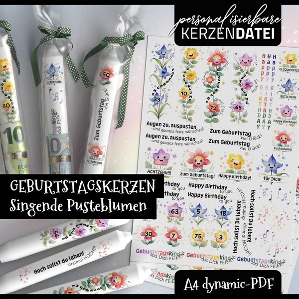 PERSONALISIERBARE Kerzendatei GEBURTSTAG singende Pusteblumen, Jubiläum, Kerzentattoo, Kerzenfolie, PDF, Aquarell, lustige Blumen, Noten