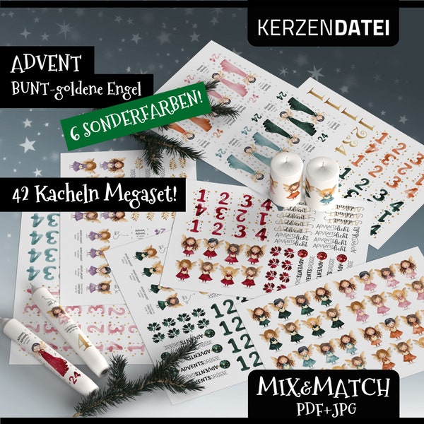 MEGA Mix&Match Kerzendatei niedliche Engel BUNTgold, Weihnachten, Advent, Kerzentattoo, Wasserschiebefolie, Kerzensticker, PDF JPG, Aquarell