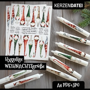 Kerzendatei HYGGELIGE Weihnachtsgrüße, Advent, Feiertage, frohes Fest, Weihnachtswichtel, Gnome, Nordwichte, Kerzentattoo, pdf, Aquarell
