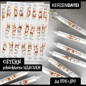 May include: A sheet of printable stickers featuring illustrations of shy bunnies with the text "OSTERN" and "schüchterne HÄSCHEN". The stickers are designed for Easter candles and feature various bunny poses and Easter greetings.