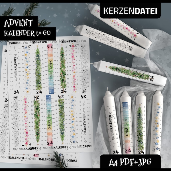 Kerzendatei Adventskalender to go, Advent, Weihnachten, Kerzentattoo Wasserschiebefolie, Kerzensticker, PDF, JPG, Aquarell, Weihnachtsbaum