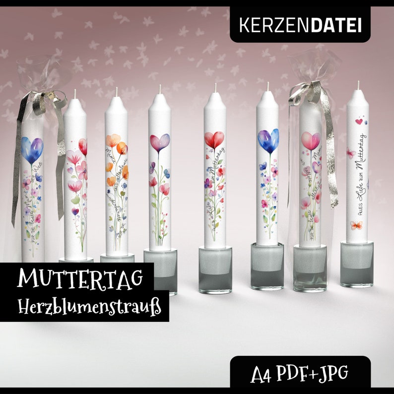 Kerzendatei MUTTERTAG Herzblumenstrauß, Blumen, Herzen, Dank, Liebe, Mutter, Gruß, Mama, Kerzensticker, Kerzentattoo, PDF, JPG, Aquarell zdjęcie 3