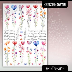 Kerzendatei MUTTERTAG Herzblumenstrauß, Blumen, Herzen, Dank, Liebe, Mutter, Gruß, Mama, Kerzensticker, Kerzentattoo, PDF, JPG, Aquarell zdjęcie 2