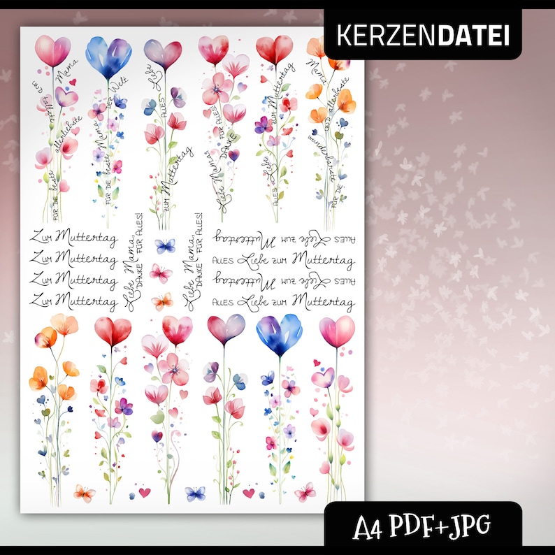 Kerzendatei MUTTERTAG Herzblumenstrauß, Blumen, Herzen, Dank, Liebe, Mutter, Gruß, Mama, Kerzensticker, Kerzentattoo, PDF, JPG, Aquarell Bild 2