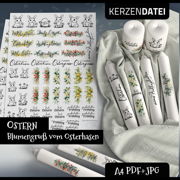 Kerzendatei OSTERHASEN  Blumengruß, Frühling, Blumen, Hasen, Ostern, Wasserschiebefolie, Kerzensticker, Kerzentattoo, PDF, JPG, Aquarell