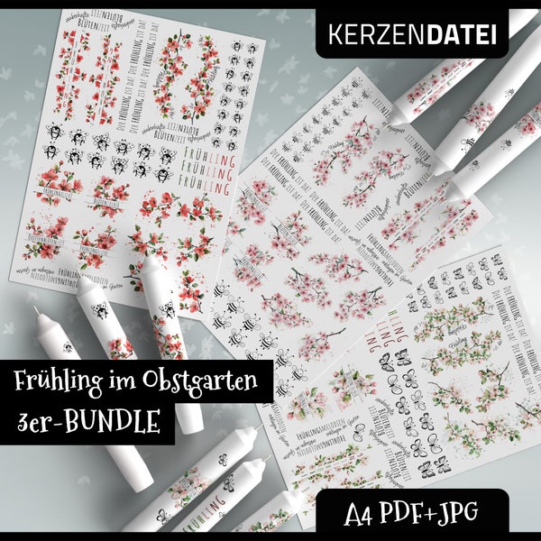 Kerzendatei 3er-BUNDLE Frühling im OBSTGARTEN, Apfel, Kirsche, Quitte, Blüte, Wasserschiebefolie, Kerzensticker, Kerzentattoo, Aquarell, PDF