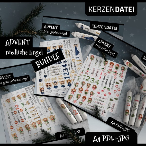 Kerzendatei BUNDLE niedliche Engel, Advent, Weihnachten, Kalender, Wasserschiebefolie, Kerzensticker, Kerzentattoo, PDF, JPG, Aquarell