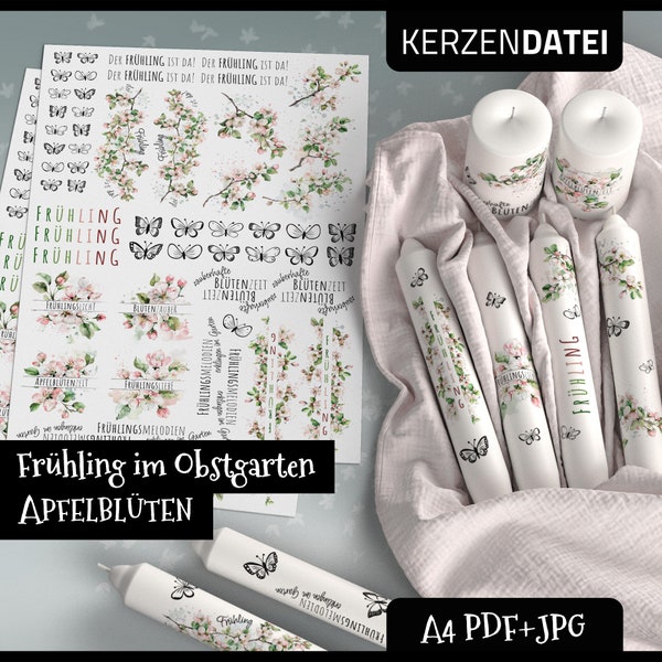 Kerzendatei APFELBLÜTE Frühling im Obstgarten, Bäume, Falter, Schmetterlinge, Wasserschiebefolie, Kerzensticker, Kerzentattoo, PDF, Aquarell