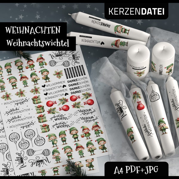 Fichier de bougies Gnomes de Noël, gnomes, Noël, Avent, tatouage de bougie, autocollants de bougie, papier décalque de toboggan aquatique, PDF JPG, aquarelle