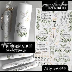Archivo de velas PERSONALIZABLE MI CONFIRMACIÓN Ramas de paz, vela de confirmación, tatuaje de vela, lámina de vela, pdf acuarela, paloma, rama de olivo