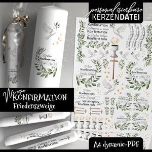 PERSONALIZABLE candle file MY CONFIRMATION Peace branches, confirmation candle, candle tattoo, candle foil, pdf watercolor, dove, olive branch