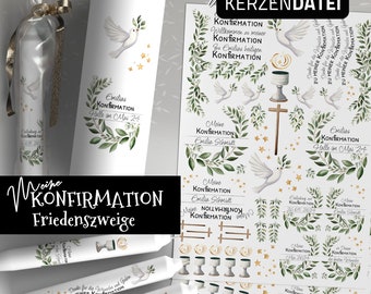 PERSONALIZABLE candle file MY CONFIRMATION Peace branches, confirmation candle, candle tattoo, candle foil, pdf watercolor, dove, olive branch