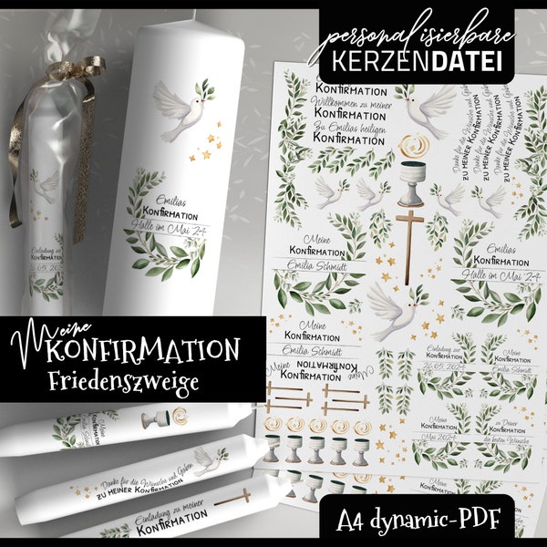 PERSONALISIERBARE Kerzendatei MEINE KONFIRMATION Friedenszweige, Konfirmationskerze, Kerzentattoo, Kerzenfolie, pdf Aquarell, Taube, Ölzweig