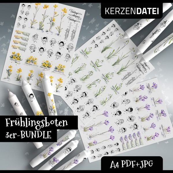 Kerzendatei 3er-BUNDLE FRÜHLINGSBOTEN, Frühling, Blumen, Feen, Blüten, Krokusse, Schneeglöckchen, Kerzensticker, Kerzentattoo, PDF, Aquarell