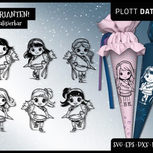 May include: Black and white line art of six different girls holding a school cone. Two school cones are shown in pink and navy blue, with the names "Emilia" and "Sophia" on them. The image includes the text "6 VARIANTEN! Personalisierbar" and "PLOTT DATEI".