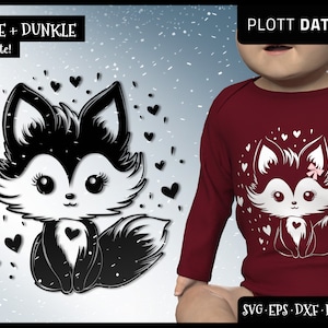 Puede incluir: Ilustración de un zorro en blanco y negro con detalles de corazones, y un body de bebé burdeos de manga larga con un diseño de zorro similar. El body tiene el texto "SVG EPS DXF PNG". La ilustración tiene el texto "HELLE + DUNKELE Variante!" y "PLOTT DATEI".