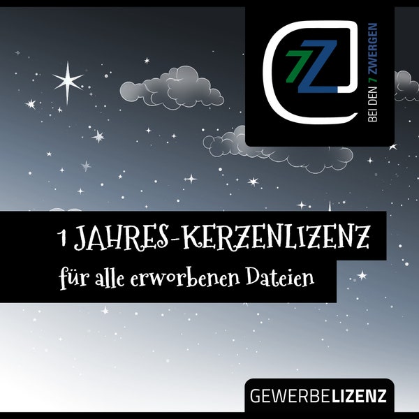 1-Jahres-Lizenz zur kommerziellen Nutzung aller erworbenen Kerzendateien von „Bei den 7 Zwergen“, Kerzentatto, Gewerbelizenz