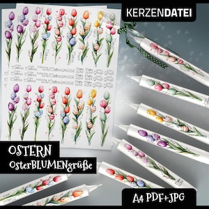 Kerzendatei OSTERBLUMENGRÜSSE, Frühling, Ostereier, Tulpen, Osterkerze, Wasserschiebefolie, Kerzensticker, Kerzentattoo, PDF, JPG, Aquarell