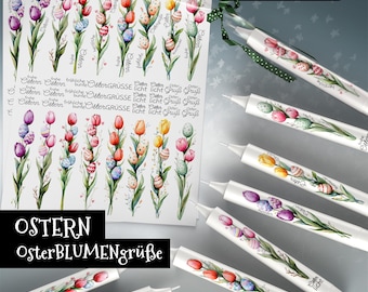 Kerzendatei OSTERBLUMENGRÜSSE, Frühling, Ostereier, Tulpen, Osterkerze, Wasserschiebefolie, Kerzensticker, Kerzentattoo, PDF, JPG, Aquarell