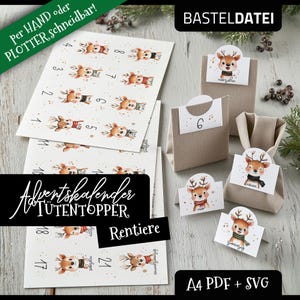 Könnte beinhalten: Adventskalender-Set mit Rentier-Illustrationen. Enthält bedruckte Bögen mit Zahlen und Rentier-Designs, sowie kleine Anhänger und Papiertüten. Der Text auf dem Bild lautet "Adventkalender TUTENTOPPER Rentiere" und "A4 PDF + SVG".