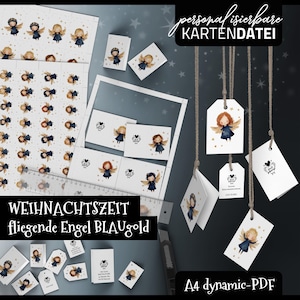 ANHÄNGER Kartendatei fliegende ENGEL BLAUgold, personalisierbar, Weihnachten, Advent, Etiketten, Geschenkanhänger, pdf, Ebenen, Aquarell