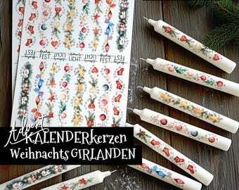カレンダーキャンドルファイル アドベントキュートクリスマスガーランド、カレンダー2ゴー、ウォータースライドフィルム、キャンドルステッカー、キャンドルタトゥー、PDF、水彩画