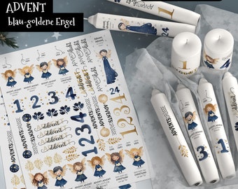 Candle file Advent cute angels blue gold, Christmas water slide film, candle sticker, candle tattoo, PDF, JPG, watercolor
