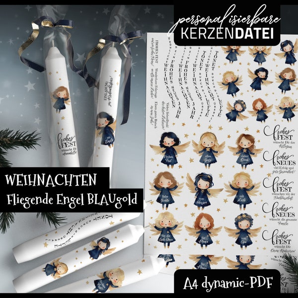 PERSONALISIERBARE Kerzendatei FLIEGENDE ENGEL goldblau, Weihnachten, Neujahr, Kerzentattoo, Wasserschiebefolie, Kerzensticker, pd, Aquarell