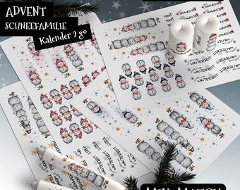 Candle file Mix&Match SNOW FAMILY calendar to go, Christmas, candle tattoo, water slide film, candle sticker, PDF, watercolor, snowman
