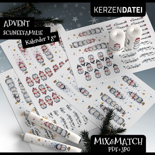 Kerzendatei Mix&Match SCHNEEFAMILIE Kalender to go, Weihnachten, Kerzentattoo, Wasserschiebefolie, Kerzensticker, PDF, Aquarell, Schneemann